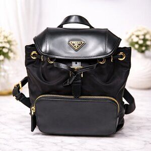 Authentic PRADA Black Nylon & Leather Backpack Gold Hardware Luxury Designer Bag